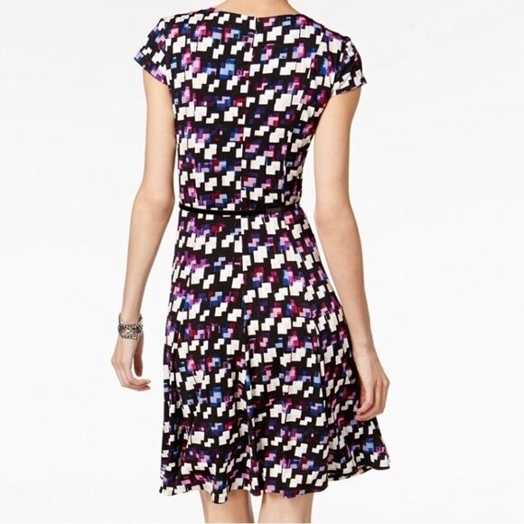 JESSICA Howard Midi Black Belted Geometric-Print A-Line Dress Size 10P - Picture 2 of 11